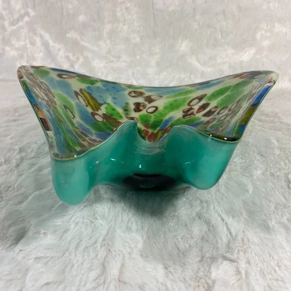 Vintage Mid century  Murano Italian Colorful Confetti Glass Bowl Teal Silver - Picture 3 of 12